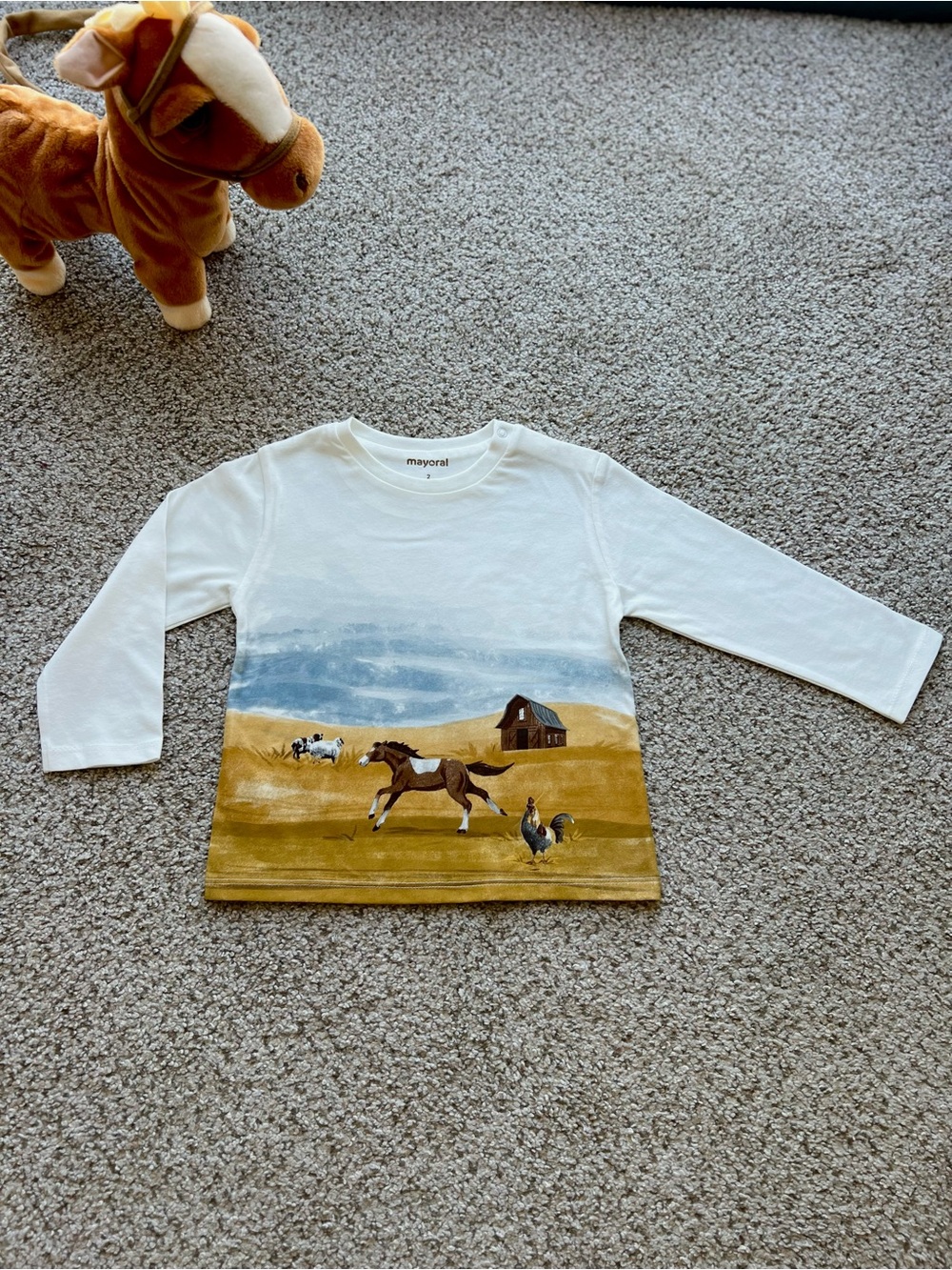 Mayoral White Long-Sleeve Tee with Farm and Animals Print.